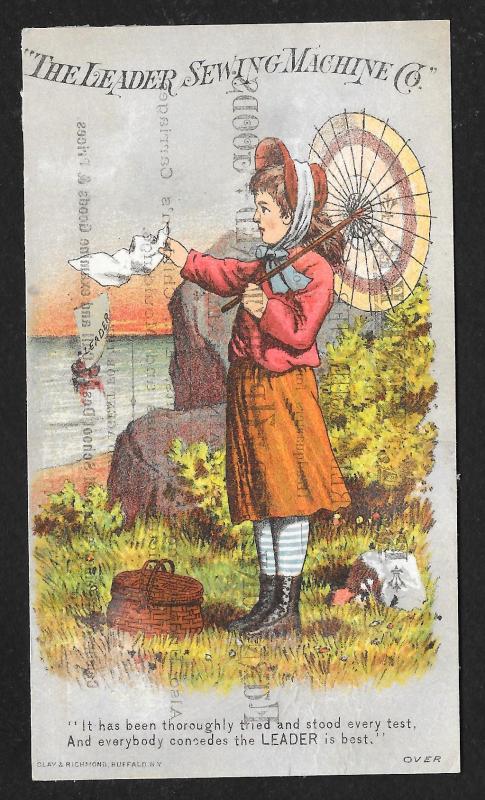 VICTORIAN TRADE CARD Leader Sewing Co Girl Parasol at Shore 'thoroughly tried'