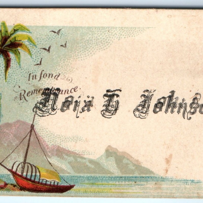 c1880s Nora Johnson Name Calling Trade Card Colorful Boat Seas Palm Tropics C3