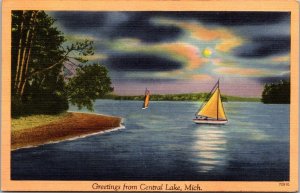 Scenic View, Boat on Lake, Greetings From Central Lake MI c1953 Postcard Q53