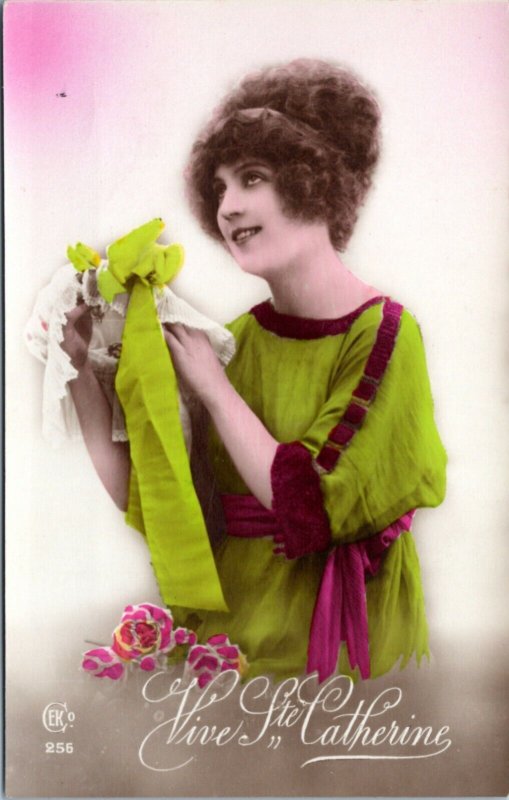 Postcard St Catherine's Day tinted photo woman green dress CEKO 256