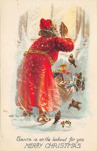Christmas Santa Claus Toy Bag Windy Snow Storm Window Postcard
