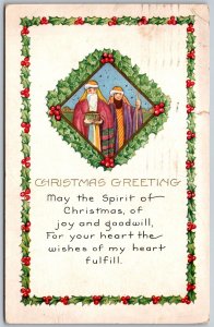 Vtg Christmas Greetings Holly Border Wisemen 1910s Postcard