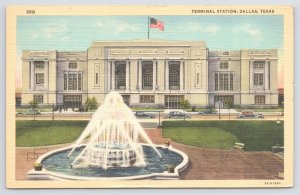 Transportation~Terminal Station Dallas TX~Fountain~US Flag~Linen PM 1941 PC