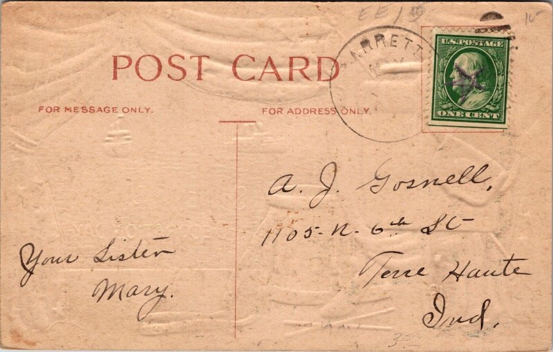 Vintage Postcard Decoration Day Soldiers Drum & Backpack, Flags Draped at Window