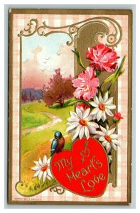 Vintage 1909 Valentine Postcard Giant Red Heart Blue Bird White Pink Flowers