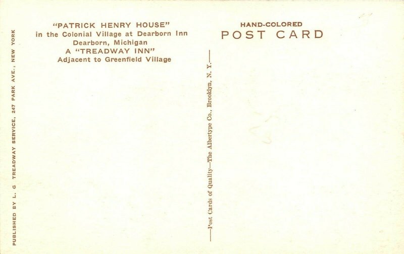 Dearborn Michigan 1930s Hand Colored Postcard Patrick Henry House Treadway Inn