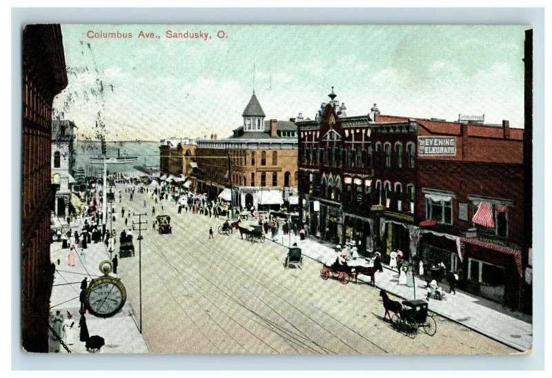 C.1900 Columbus Ave. Downtown Sandusky, Ohio Main St. Steamer Signs Postcard P19 