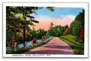 Generic Scenic Greetings Country Road Milltown Wisconsin UNP Linen Postcard U21