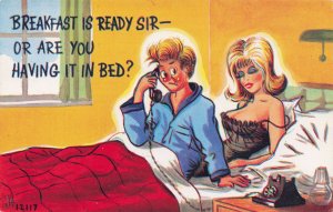 Room Service 1970s Hotel Breakfast in Bed Sexy Lady Comic Postcard