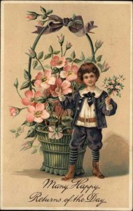 Happy Returns Fantasy Little Boy Giant Flower Basket c1910 Vintage Postcard