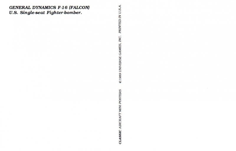 General Dynamics F16 Falcon US Single Seat Fighter Bomber Airplane Postcard