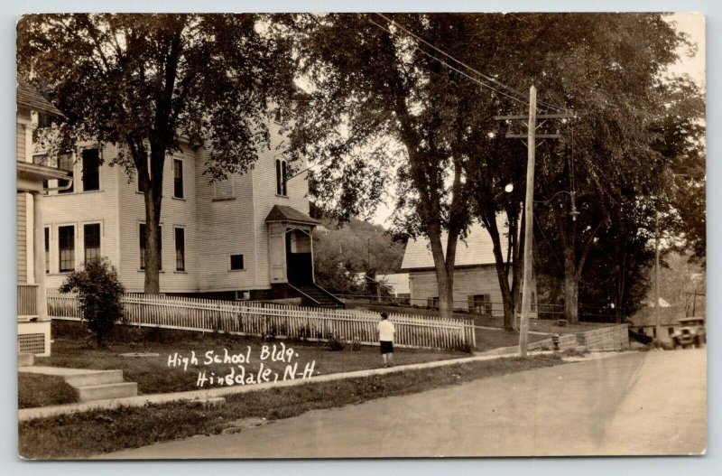 Hinsdale NH~High School Building~Picket Fence~Boy on Sidewalk~1920s Car~RPPC