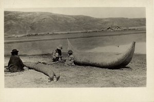 bolivia, Andes, Lake Titicaca, Natives mending Straw Boat (1930s) RPPC Postcard