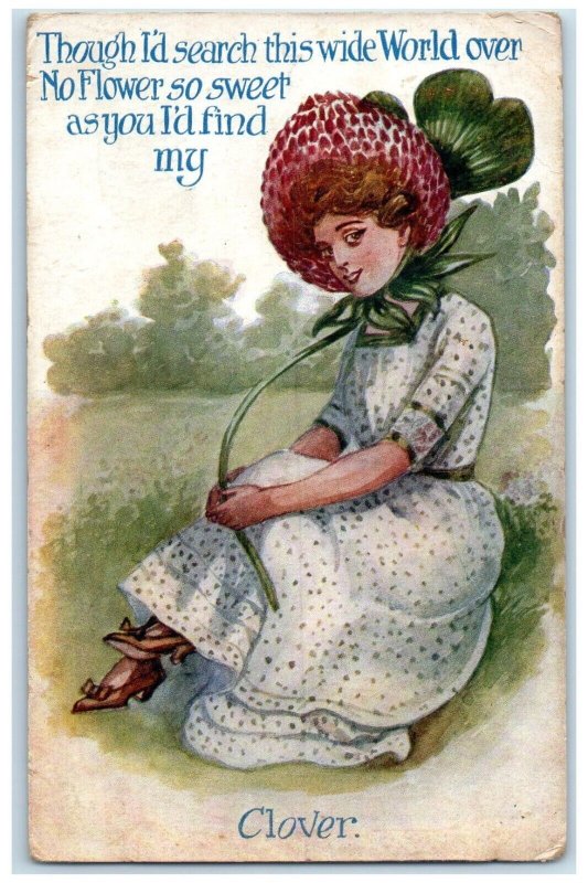 1912 Pretty Woman Clover Flowers Embossed Perry Iowa IA Antique Postcard