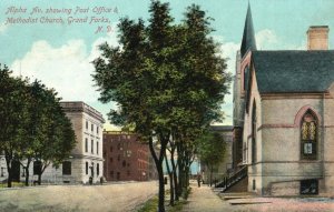 Vintage Postcard 1910 Post Office & Methodist Church Grand Forks North Dakota ND