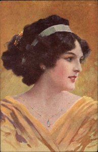 Beautiful Woman Headband Necklace Yellow Muttich or Multich c1910 Postcard