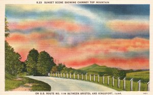 Vintage Postcard Sunset Scene Showing Chimney Top Mountain Kingsport Tennessee