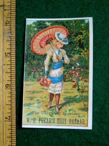 1870s-80s Lovely Girl Parasol W.H. Frear's Troy Bazaar Victorian Trade Card F31