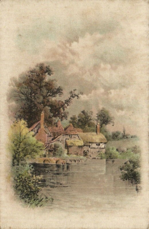 PC CPA WOVEN SILK, LANDSCAPE WITH MANSION, VINTAGE SILK POSTCARD (b15059)