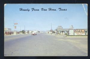 HOWDY FROM VAN HORN TEXAS STREET SCENE GAS STATION VINTAGE POSTCARD CAFÉ