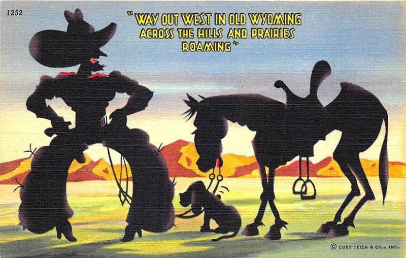 Out West in Old Wyoming Cowboy Dog Horse Curt Teich Linen Postcard 