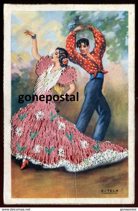 dc972 - SPAIN 1950s Estela Dancers Embroidered Silk Dress