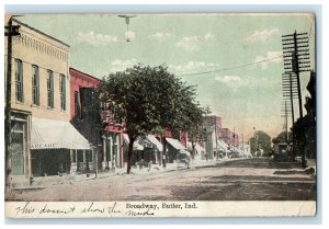 1909 Broadway Street View Stores Butler Indiana IN Posted Antique Postcard 