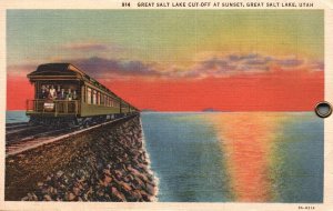 Vintage Postcard 1936 Great Salt Lake Cut-Off at Sunset Great Salt Lake Utah UT