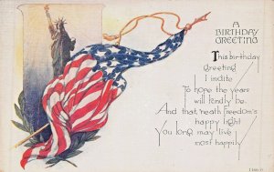 PATRIOTIC BIRTHDAY GREETING~UNITED STATES FLAG-STATUE OF LIBERTY POSTCARD 