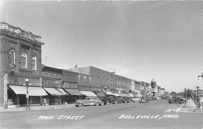 Belleville Kansas~Main Street~Rexall~Eller Co~Jenkinson Drugs~40s Cars~RPPC