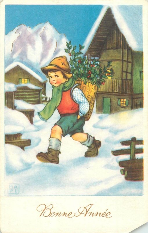 Postcard Holidays Belgium boy winter basket hat snow village house mountain