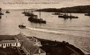 British Royal Navy Fleet at Forth Bridge Aerial View Coastguard Station WWI RPPC