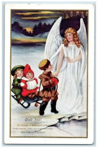 1913 Merry Christmas Angel And Children Sledding Winter Ludington MI Postcard