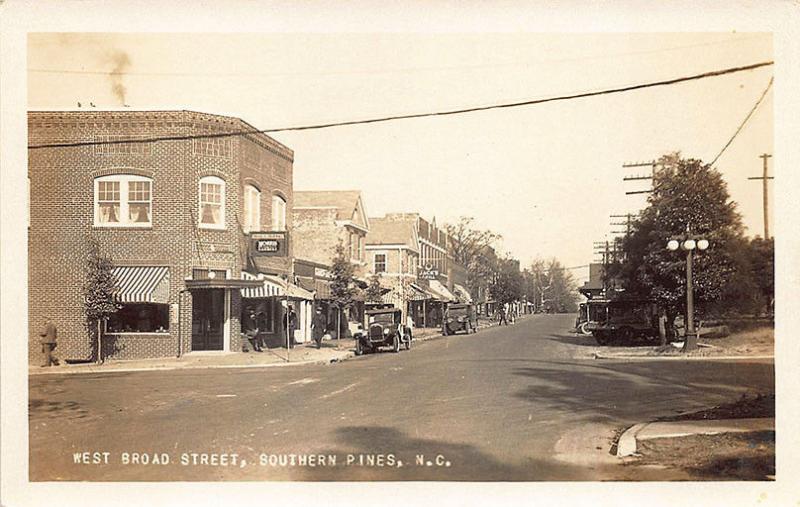 Southern Pines NC West Broad Street Storefronts Old Cars RPPC Postcard