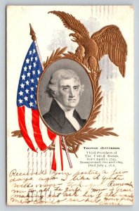 Thomas Jefferson Embossed Postcard 1906 Brooklyn NY Postmark American Eagle Flag