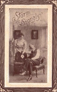 Vintage Postcard Lovers Couple In The Room Storm Signals Bordered Card