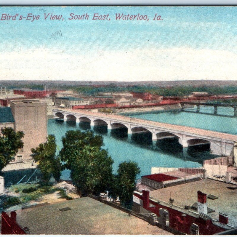 c1910s Waterloo, IA SE Birds Eye Chicago Great Western R.R. Bridge Postcard A61