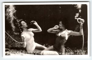 Weeki Wachee Mermaids Real Photo Postcard Women Drink Eat In Water RPPC Florida