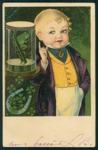 Little Boy Four Leaf Clover Luck Frog postcard TC3532