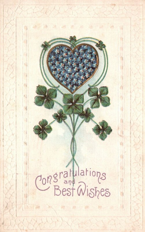 Congratulations And Best Wishes Blue Petals Heart Flower Design Vintage Postcard