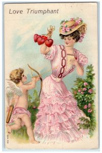 c1910's Valentine Love Triumphant Woman Cupid Angel Embossed Antique Postcard