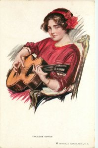 Postcard College Songs Girl in Red Plays Guitar, Reinthal & Newman 129. Posted