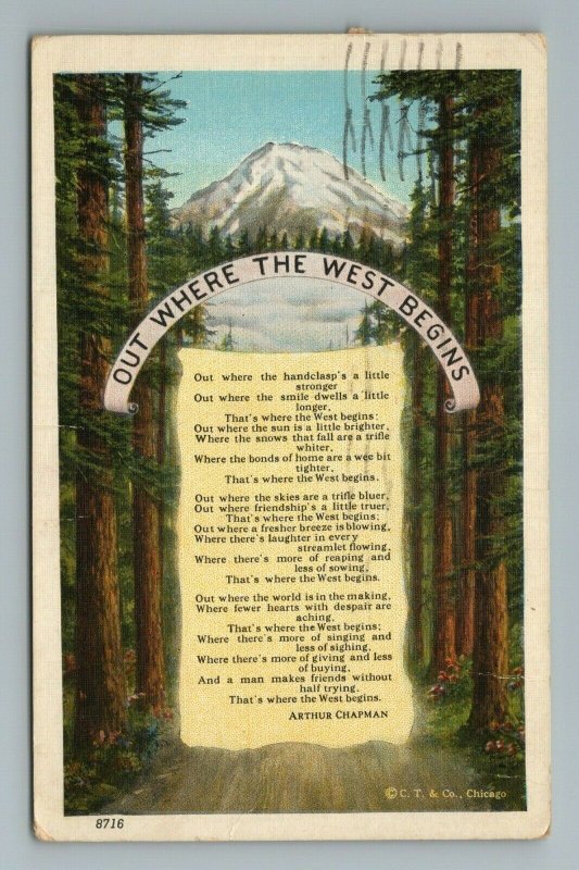 1940 Out Where the West Begins Poem Vintage Postcard