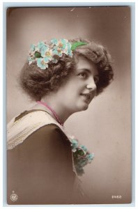 c1910's Pretty Woman Curly Hair Flowers Studio Portrait RPPC Photo Postcard 