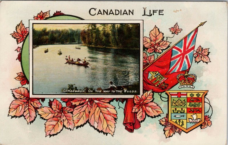 Canadian Life Lumbermen on Way To The Woods Patriotic Canada Maple Postcard G27