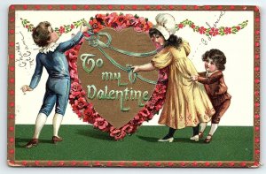 1912 VALENTINE CHILDREN FLORAL HEART RAPHAEL TUCK  EMBOSSED POSTCARD P2517