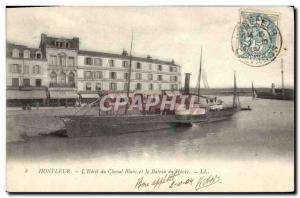 Old Postcard Honfleur L & # 39Hotel of White Horse and Boat Harbor