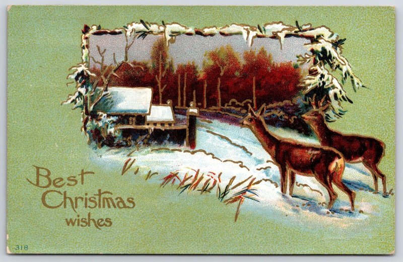Vintage Postcard Best Christmas Wishes Greetings Card Reindeers Winter Snow Deer