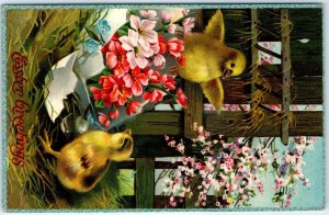 c1910s Gel Easter Greetings Cute Baby Chicks Flowers Postcard Flower German A67