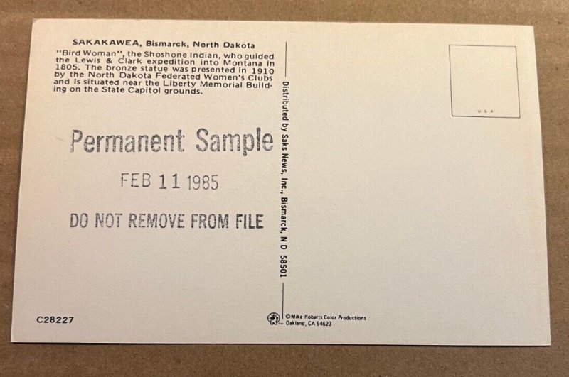 UNUSED PC - SAKAKAWEA (BIRD WOMAN) STAUTE, GUIDED LEWIS & CLARK, BISMARCK N. DAK